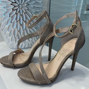 Jessica Simpson Rayli Gold Shimmer Strappy Stiletto Heels Ankle Strap 6